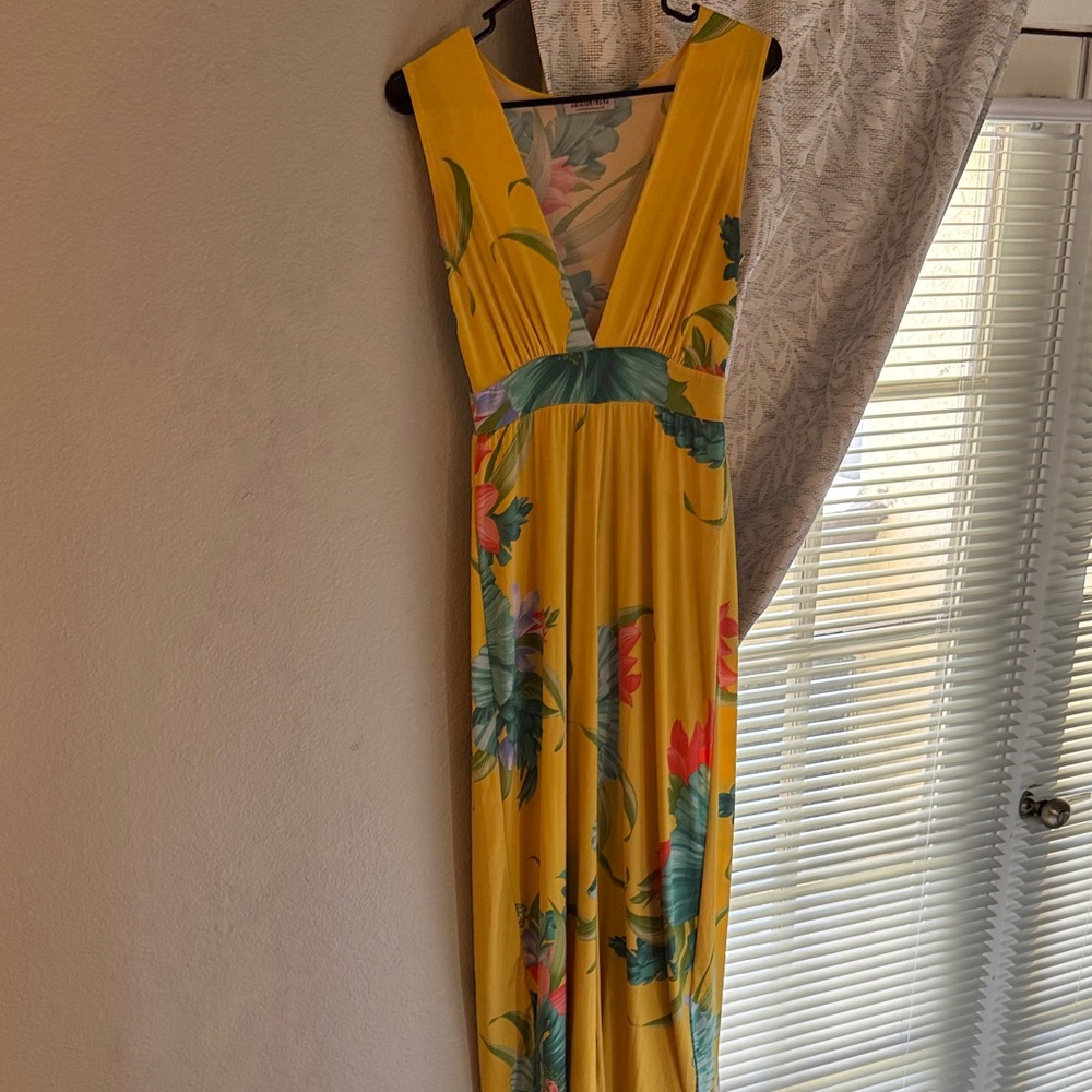 Fashion Nova Yellow Tropical V-Neck Maxi Dress/Romper